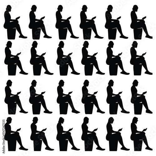Seamless repeating pattern showing black silhouettes of a woman seated and using a mobile phone for various social activities.