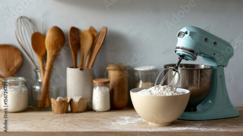 Baking corner in kitchen with stand mixer featuring wooden utensils and flour