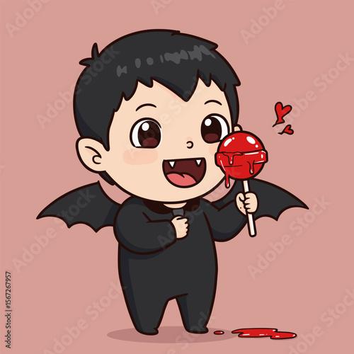 Smiling cartoon vampire with black hair, bat wings, and dripping red lollipop surrounded by floating hearts.