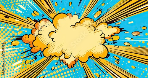 A comic-style explosion graphic with dynamic lines and vibrant colors.