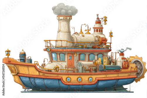 A whimsical steamboat with intricate details and vibrant colors, floating peacefully on calm waters