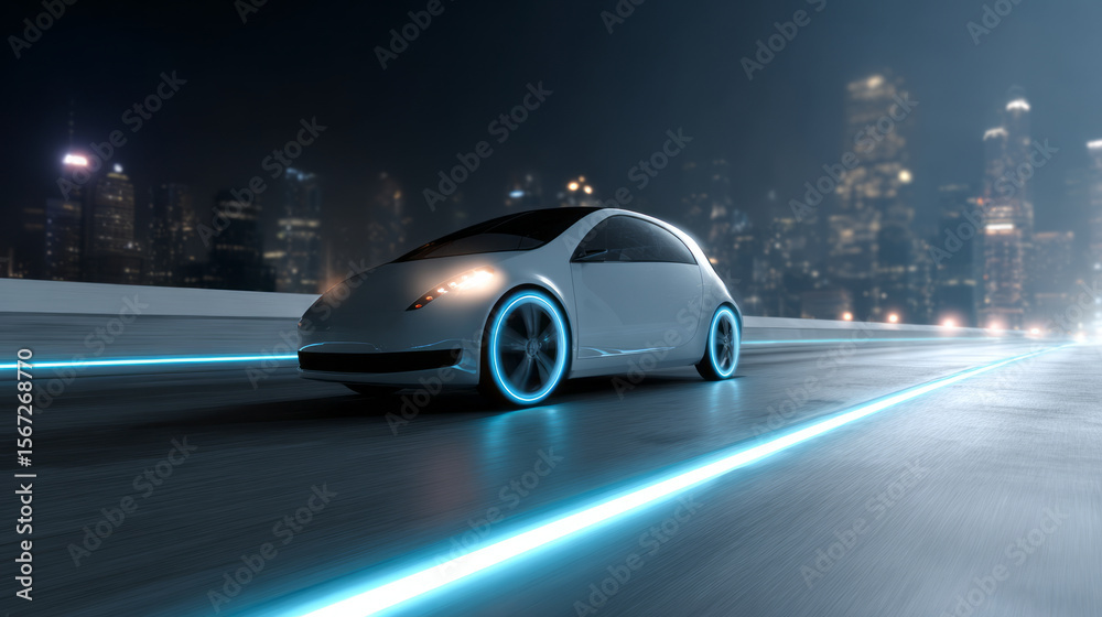 Fototapeta premium Sleek electric car with glowing blue wheels driving on futuristic city road at night