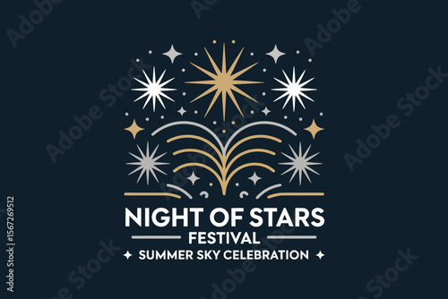 Night of stars festival emblem, firework and star trail, summer sky celebration, celestial event, modern dark background