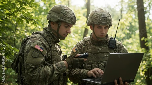 Two Soldiers in Forest Using Laptop and Communication Device for Mission Planning