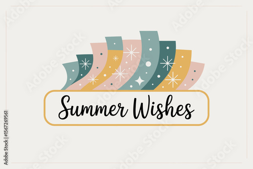 Summer wishes greeting card, pastel tanzaku streamers, positive message, seasonal celebration, cheerful vector, modern design