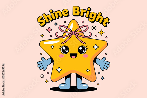Shine bright star mascot, cute cartoon character, positive message, cheerful celebration, fun vector, playful design