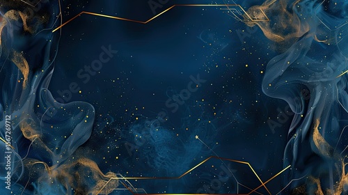 A dark blue abstract background with smoky textures and golden accents, suitable for design.