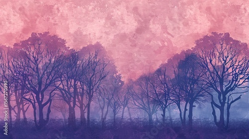 A serene landscape featuring silhouetted trees against a colorful, abstract sky.