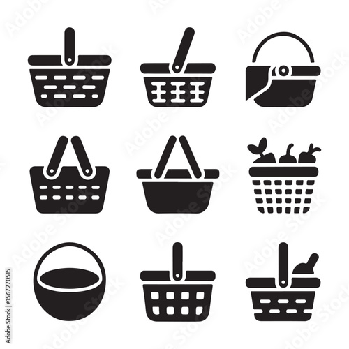 Woven Picnic Basket Outline Icons
