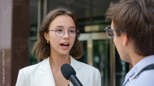 A young woman in glasses is being interviewed by a reporter with a microphone outside an office building