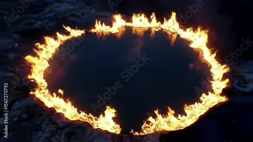 Ring of Fire Surrounding Dark Water Creating a Striking Contrast on Reflective Surface