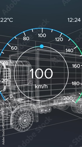 Animation of speedometer over electric truck project on navy background
