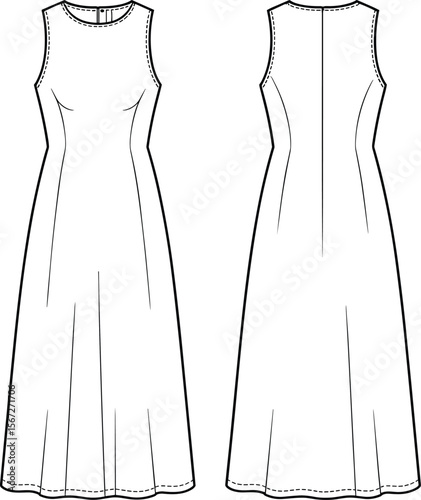 Cad drawing flat vector illustration of sleeveless fitted long dress with round neckline and panel seam detail, front and back fashion technical sketch