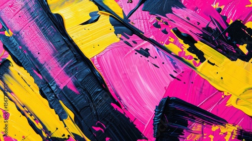 Abstract painting featuring vibrant pink, yellow, and black brushstrokes.