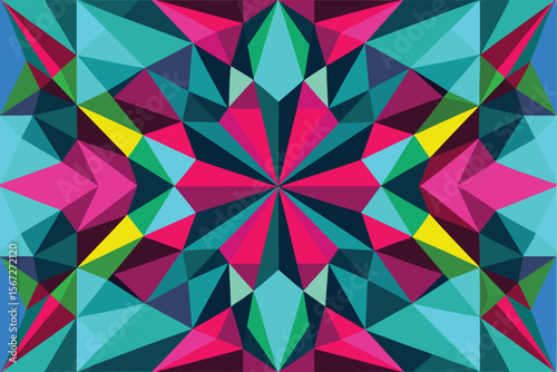 Colorful abstract geometric pattern with triangles in vibrant symmetrical composition
