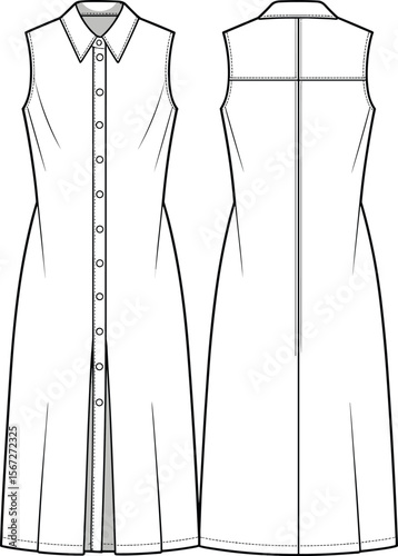 Cad drawing flat vector illustration of sleeveless button-down shirt dress with collar and pleated front, front and back fashion technical sketch