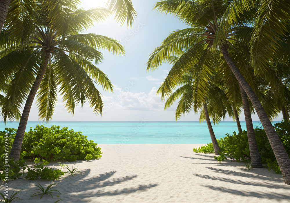 Fototapeta premium Tropical Beach Paradise with Palm Trees and Turquoise Water | Idyllic Seascape for Travel, Vacation, and Summer Marketing