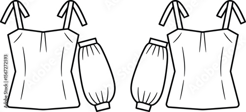 Cad drawing flat vector illustration of women's corset-style sleeveless top with tie straps and detachable puff sleeves, front view technical sketch