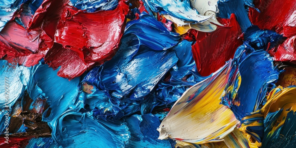 Fototapeta premium A close-up of abstract brushwork in vivid blues, reds, and yellows, layered in thick, expressive textures.