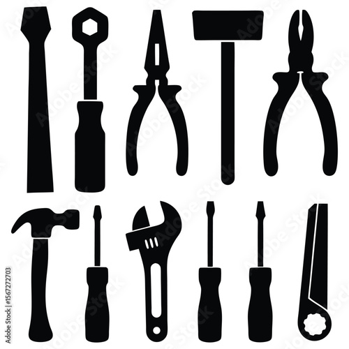Handyman tools illustration featuring essential workshop equipment in black silhouettes for repair work and construction projects.