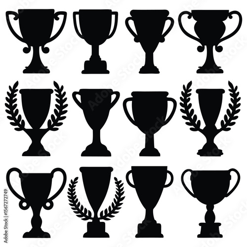 Collection of trophy silhouette designs symbolizes accomplishment, achievements and recognition in various competitions and endeavors