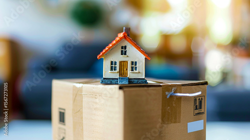 Tiny House Figurine on Cardboard Box with Moving Labels Under Bright Indoor Light
