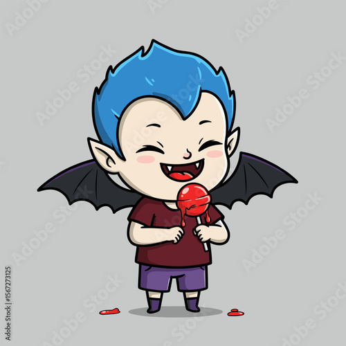 Smiling cartoon vampire with blue hair, bat wings, and a dripping red lollipop, standing on a gray background.