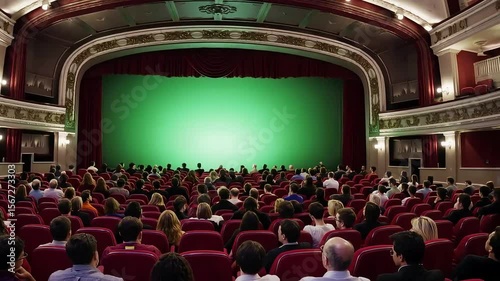 Audience Gathered in Theatre with Green Screen Background Setup with ai generated