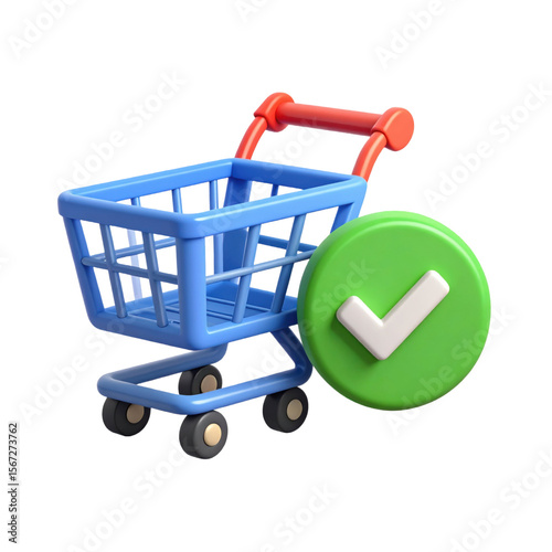Shopping cart with green check mark symbolizing successful purchase, order confirmation, and completed transaction isolated on white background