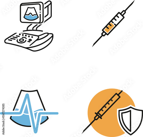 Outline Medical Icons: Ultrasound, Vaccination, and Health Protection