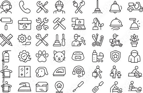 Outline Pictogram Set for Handyman, Cleaning, Delivery, and Pet Care Services