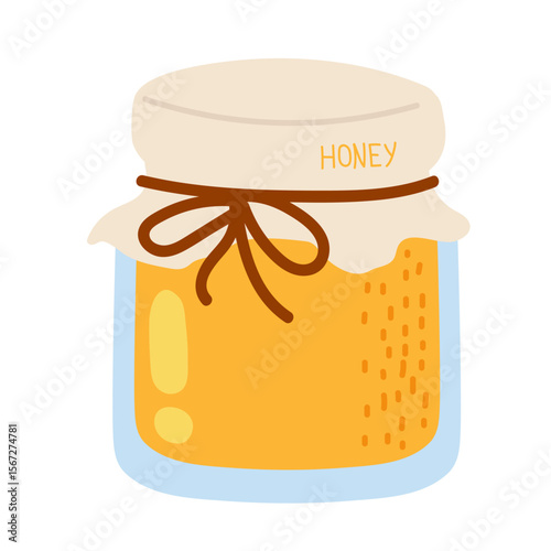 Honey jar made of glass with a tied cover, showcasing a rich golden color