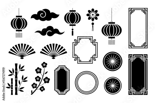 Monochrome Asian frame and icon collection, lanterns, fans, clouds, floral elements, traditional decorative set, elegant vector