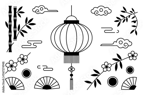 Chinese lantern and bamboo illustration, black and white festival design, floral elements, fan, cloud, traditional celebration vector
