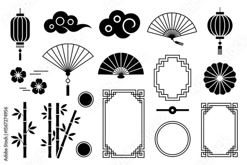 Black and white oriental icon set, fans, clouds, frames, lanterns, Asian decorative elements, traditional festival vector, line art