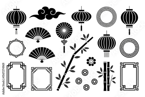 Asian festival icon set, black and white lanterns, fans, frames, floral elements, traditional decorative vector, elegant design