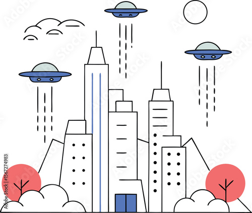 Stylized ufo fleet hovering with minimalist trees against a transparent background