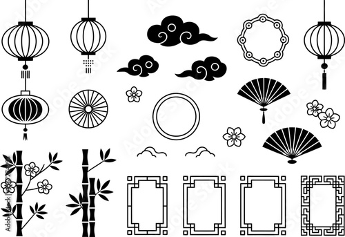 Monochrome oriental decorative set, lanterns, fans, frames, floral icons, Asian festival elements, traditional celebration vector