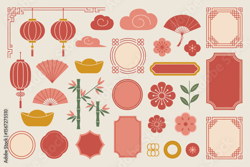 Chinese lantern and blossom illustration, red lanterns, peony, bamboo, traditional festival background, elegant vector, decorative style
