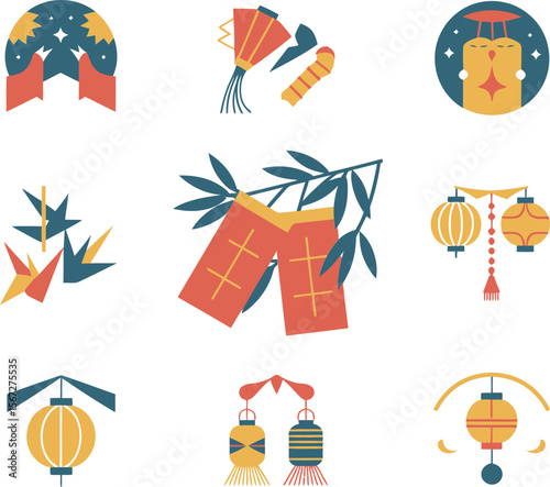 Tanabata festival illustration, bamboo with tanzaku, lanterns, origami, Japanese celebration, festive vector, cultural elements