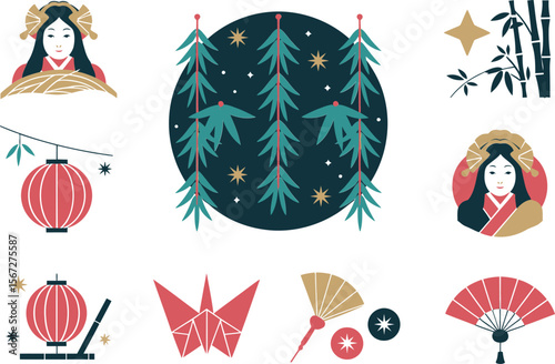 Japanese folklore and festival icon set, geisha, pine trees, lanterns, origami, fan, traditional celebration, elegant vector