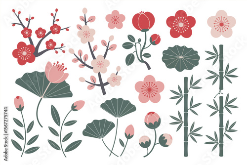 Oriental floral illustration, lotus, cherry blossom, peony, bamboo, Asian botanical elements, decorative nature vector, elegant style
