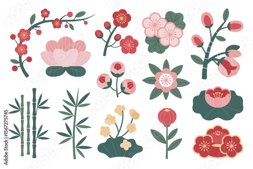 Asian flower and plant collection, peony, lotus, bamboo, cherry blossom, traditional botanical elements, decorative vector set