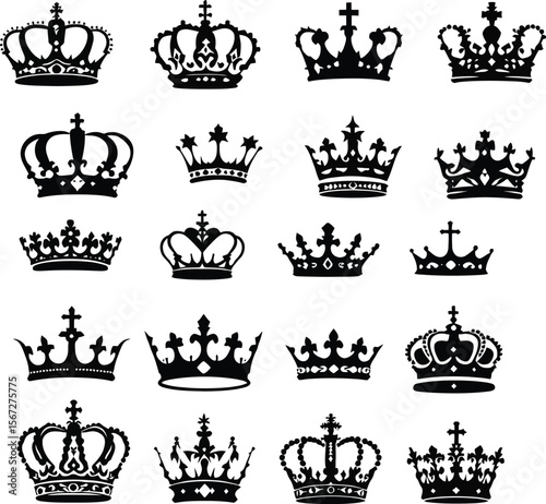 Classic Crown Silhouettes  A Vector Set of 16 Regal Icons Showcasing Noble Heritage, Symbolic Power, and Ornamental Royal Design