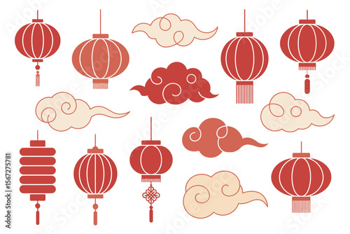 Traditional Chinese lantern and cloud icon set, red and gold festival elements, festive celebration vector, oriental design