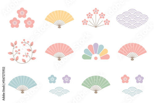 Asian floral and geometric icon set, pastel festival elements, decorative celebration vector, traditional design, elegant illustration