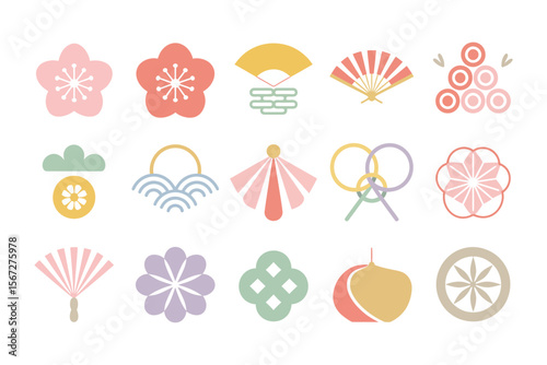 Asian festival icon set, pastel flowers, fans, and clouds, decorative celebration elements, traditional vector, elegant illustration