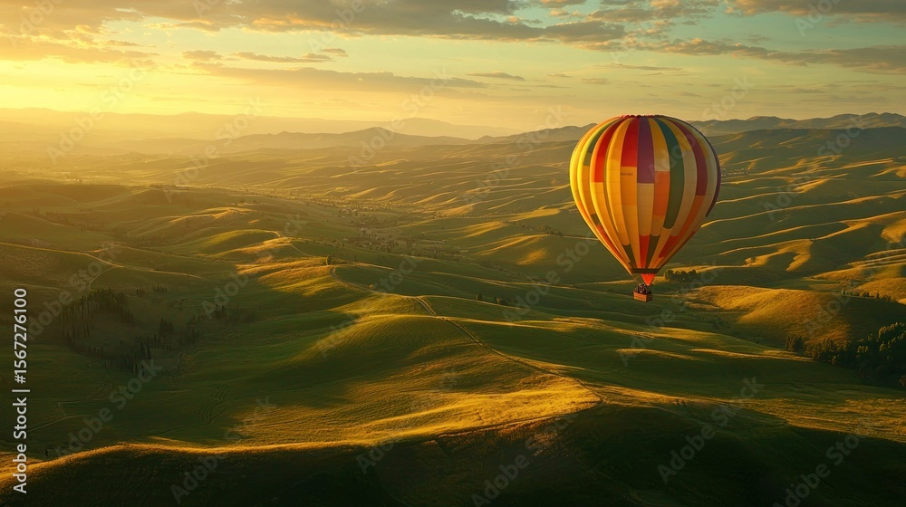 Fototapeta premium sunset, summer, clouds, colorful hot air balloon floating over rolling green hills at sunrise