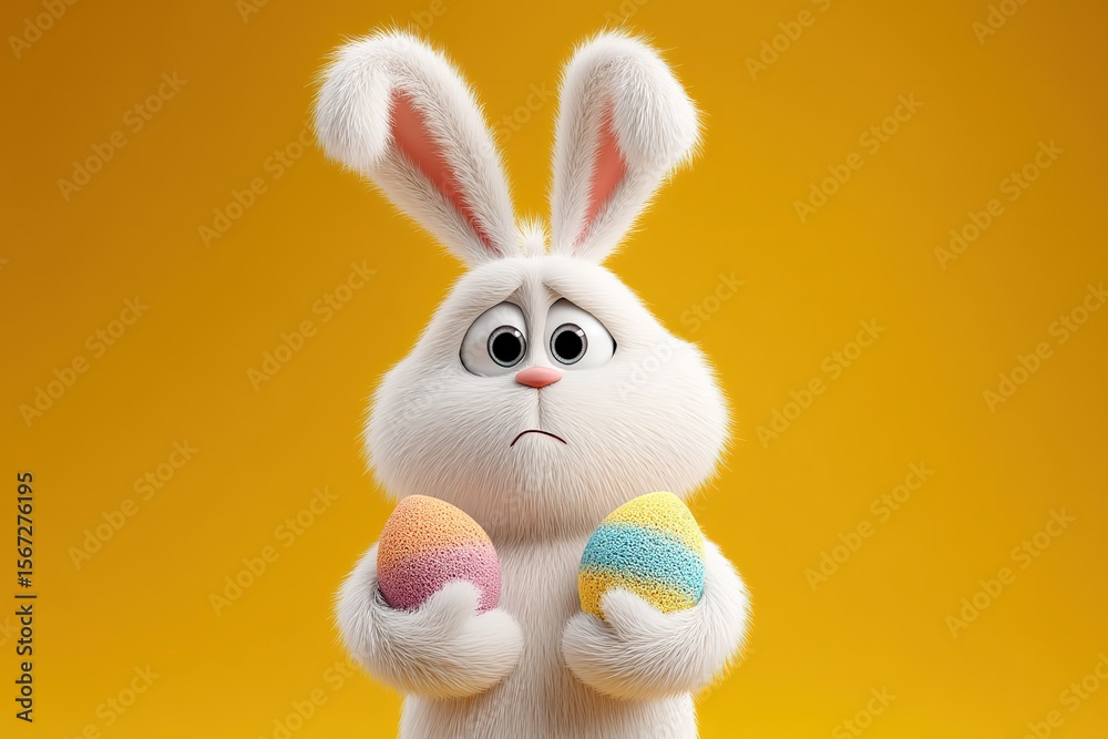 Obraz premium Cute easter bunny with colored eggs on a yellow background, Ai Generated