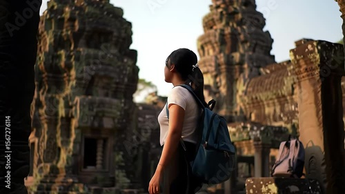 Young Woman with Backpack at Ancient Stone Temple Ruins in Warm Light